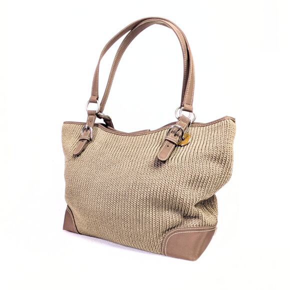 Pre-owned The Sak Crochet Knit Woven Shoulder Bag – Taupe with Brown Trim - Picture 1 of 6